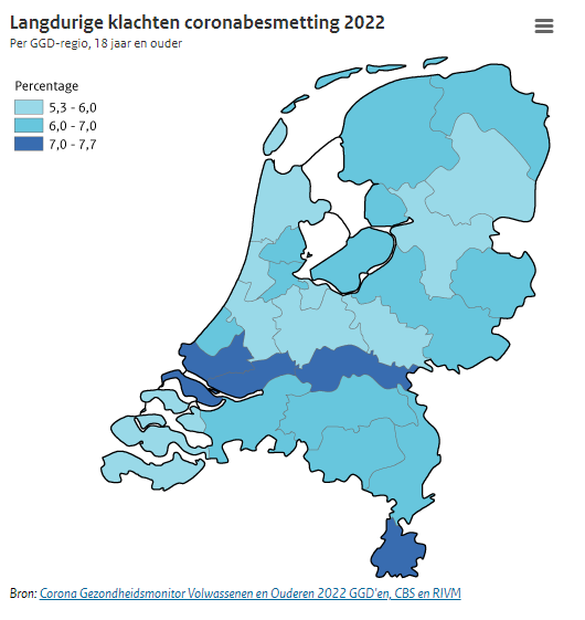 Langdurige klachten coronabesmetting 2022 per GGD-regio