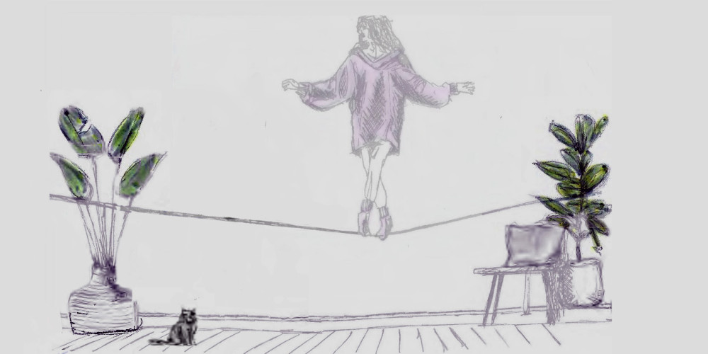 een tekening van een vrouw die balanceert op een touw gespannen tussen twee kamerplanten