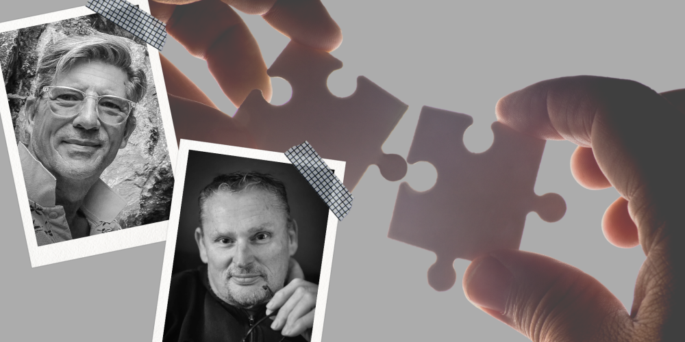 foto's van jacco en richard en twee puzzelstukjes die in elkaar vallen